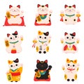 Japanese Maneki Neko Cats Collection, Traditional White Lucky Cat Doll Cartoon Style Vector Illustration