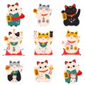 Japanese Maneki Neko Cats Collection, Traditional White Lucky Cat Doll, Symbol of Good Luck and Wealth Cartoon Style