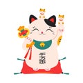 Japanese Maneki Neko, Japanese Traditional White Lucky Cat Doll, Symbol of Good Luck and Wealth Cartoon Style Vector Royalty Free Stock Photo