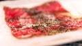 Japanese marbled meat Kobe beef on a plate, Tokyo, Japan. Close-up.