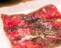 Japanese marbled meat Kobe beef on a plate, Tokyo, Japan. Macro.