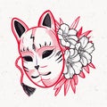 Japanese mask fox with flowers. Isolated vector art. Print on poster, card, sticker.