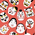 Japanese mask pattern. Authentic tattoo art colored pictures theatrical woman faces masks of fox and wolf portraits