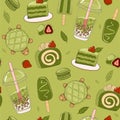 Japanese matcha desserts seamless pattern.Vector graphics