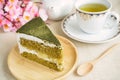 Japanese Matcha Green tea cake with cup of tea Royalty Free Stock Photo