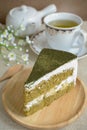 Japanese Matcha Green tea cake with cup of tea Royalty Free Stock Photo