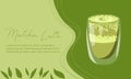 Japanese matcha latte, tea glass cup set on mibimalistic green background. Matcha Latte banner with leaves Royalty Free Stock Photo