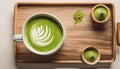 Japanese matcha latte on the wooden tray.