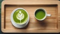 Japanese matcha latte on the wooden tray.