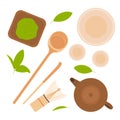 Japanese matcha tea ceremony. Various tools for preparing drink, matcha powder and leaves, chawan, chasen, chashaku, hishaku, tea