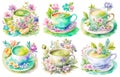 Japanese matcha tea with spring flowers watercolor illustration set. Isolated on white background Royalty Free Stock Photo