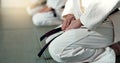 Japanese men, aikido and bow in training for fighting, modern martial arts and learning self defence. Group, black belt Royalty Free Stock Photo