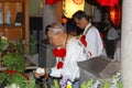 Elderly men religious ceremony temple white clothing, Osaka