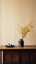 Japanese Minimalism: A Wooden Cupboard With Yellow Flowers Royalty Free Stock Photo