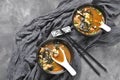 Japanese miso soup with fresh tuna, dried seaweed, tofu, shiitake dried mushrooms Royalty Free Stock Photo