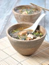 Japanese miso soup with fresh tuna, dried seaweed, tofu, shiitake dried mushrooms