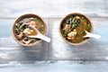 Japanese miso soup with fresh tuna, dried seaweed, tofu, shiitake dried mushrooms Royalty Free Stock Photo