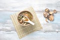 Japanese miso soup with fresh tuna, dried seaweed, tofu, shiitake dried mushrooms Royalty Free Stock Photo