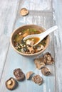 Japanese miso soup with fresh tuna, dried seaweed, tofu, shiitake dried mushrooms