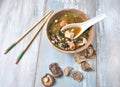 Japanese miso soup with fresh tuna, dried seaweed, tofu, shiitake dried mushrooms Royalty Free Stock Photo