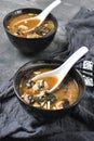 Japanese miso soup with fresh tuna, dried seaweed, tofu, shiitake dried mushrooms Royalty Free Stock Photo