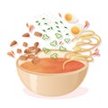 Japanese Miso soup ingredient flying in a bowl. Asian food illustration in cartoon style