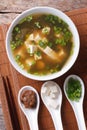 Japanese miso soup and ingredients. top view vertical Royalty Free Stock Photo