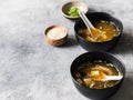 Japanese miso soup with oyster mushrooms in a black bowls with a spoon on a grey background Royalty Free Stock Photo