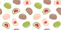 Japanese mochi seamless pattern. Colored mochi with different fillings