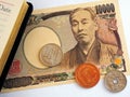 Japanese money, banknote and coins, lie near the opened diary. 10000 yen bill close-up. News about the economy of Japan. Financial Royalty Free Stock Photo