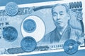 Japanese money: a bill of 10,000 and coins of 100, 10 and 1 yen close-up. A tinted light blue background or wallpaper on a