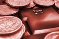 Japanese money coins and Enter button close up. Coins in 10 yen lie on the keyboard of a computer or laptop. Brown red tinted Royalty Free Stock Photo