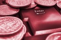 Japanese money coins and Enter button close up. Coins in 10 yen lie on the keyboard of a computer or laptop. Red tinted Royalty Free Stock Photo