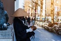 Japanese monk ask for donation Royalty Free Stock Photo