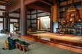 Japanese monk praying in hall of Thai Buddha statue at Nittaiji