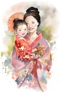 Japanese mother with daughter and flowers around, watercolor, Mother\'s Day, Generative AI 2