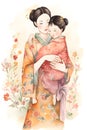 Japanese mother with daughter and flowers around, watercolor, Mother\'s Day, Generative AI 1