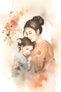 Japanese mother with daughter and flowers around, watercolor, Mother\'s Day, Generative AI
