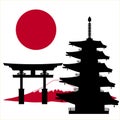 Japanese multi-store pagoda and flag Royalty Free Stock Photo