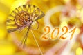 2021 japanese new year greeting card with traditional golden fan