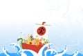 Japanese New Year\'s greeting card for the year of the Dragon, 2024, Seven Lucky Gods with a treasure ship, rough waves and a