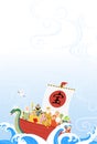 Japanese New Year\'s greeting card for the year of the Dragon, 2024, Seven Lucky Gods with a treasure ship, rough waves and a