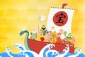 Japanese New Year\'s greeting card for the year of the Dragon, 2024, Seven Lucky Gods with a treasure ship, rough waves and a