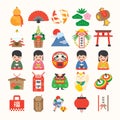 Japanese new year vector icon set with japanese culture, traditional item, food and landmarks. Translation: Happy New Year