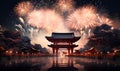 Japanese night fireworks festival with typical Japanese buildings, AI Generative