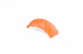 Japanese Nigiri sushi with raw salmon fillet. Sake sashimi with rice isolated on white background