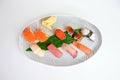 Japanese nigiri sushi set of traditional food on white plate Royalty Free Stock Photo