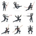 Japanese Ninja Assassin In Full Black Costume Performing Ninjitsu Martial Arts Postures With Different Weapons Set Of