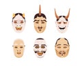 Japanese noh masks set. Asian theater scary demons humans heads with evil faces. Oriental Japan kabuki hirakata hannya