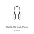 Japanese nunchaku icon. Thin linear japanese nunchaku outline icon isolated on white background from weapons collection. Line